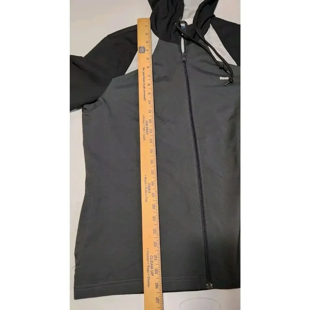 Reebok Jacket Mens Medium Black Hooded Full Zip Jumper Windbreaker Sport